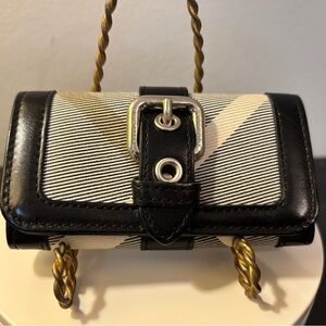 Burberry Black and Cream Striped Mini Buckle Clutch